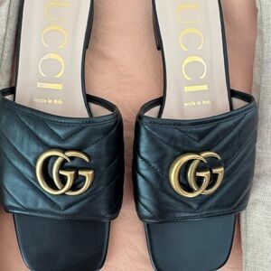 Gucci Black Quilted Leather Sandals with Gold Logo